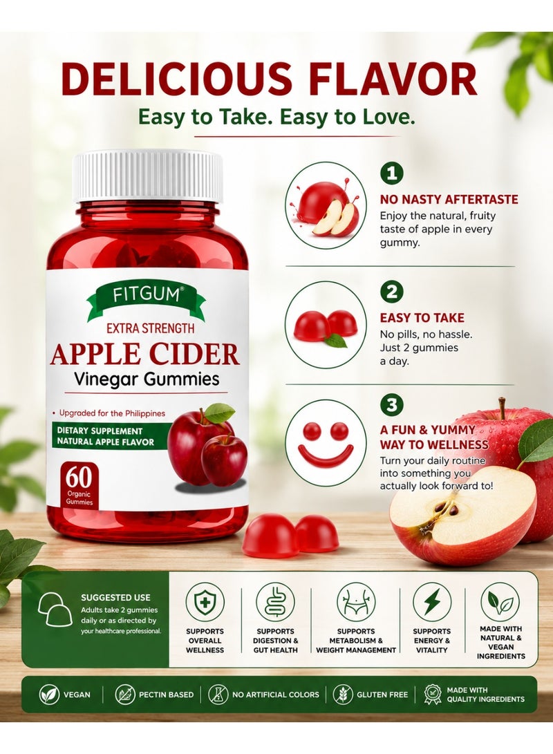 FITGUM Natural Apple Cider Vinegar Gummies 60 Gummies | Vegan ACV Supplement with Beetroot, Pomegranate & Vitamin B Complex - Image 4
