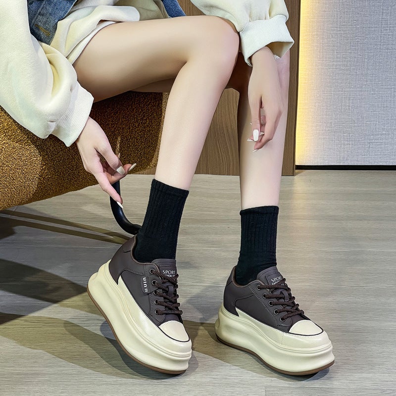 Genuine Leather Platform Thick-Soled White Shoes For Women Internet Celebrity Super Popular Lightweight Heightening Fleece-Lined Sneakers - Image 3