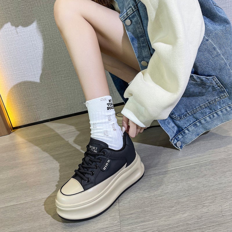 Genuine Leather Platform Thick-Soled White Shoes For Women Internet Celebrity Super Popular Lightweight Heightening Fleece-Lined Sneakers - Image 5