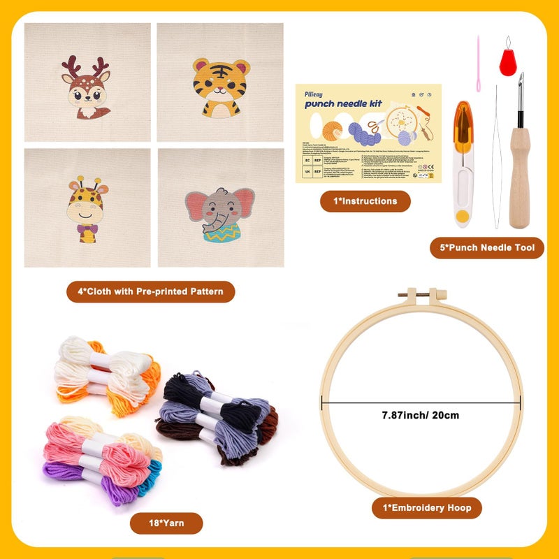Pllieay 4 Sets Punch Needle Kits, Punch Needle Embroidery Kits for Beginner with Animal Pattern, Punch Needle Tool Including Pre-Printed Cloth, Punch Needle, Hoops and Yarns - Image 2