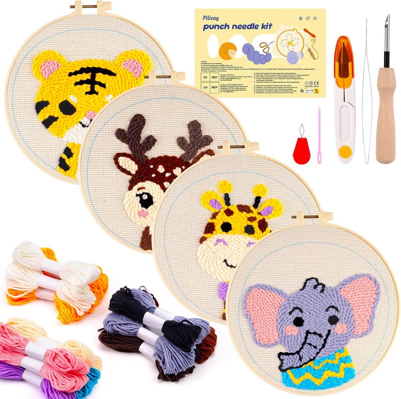 Pllieay 4 Sets Punch Needle Kits, Punch Needle Embroidery Kits for Beginner with Animal Pattern, Punch Needle Tool Including Pre-Printed Cloth, Punch Needle, Hoops and Yarns - Image 1