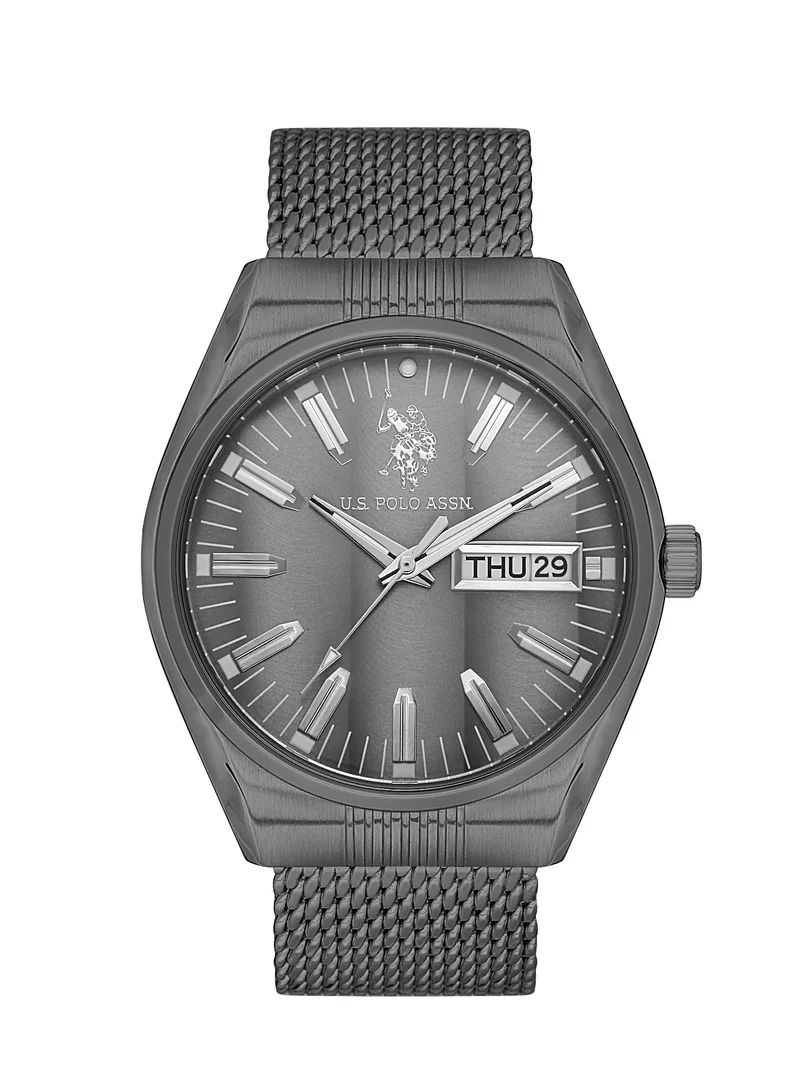 يو اس بولو اسن USPA Fundamental Grey Stainless Steel Mesh Bracelet Grey Dial Quartz Gents Watch 43mm 5 ATM - USPA1067-02