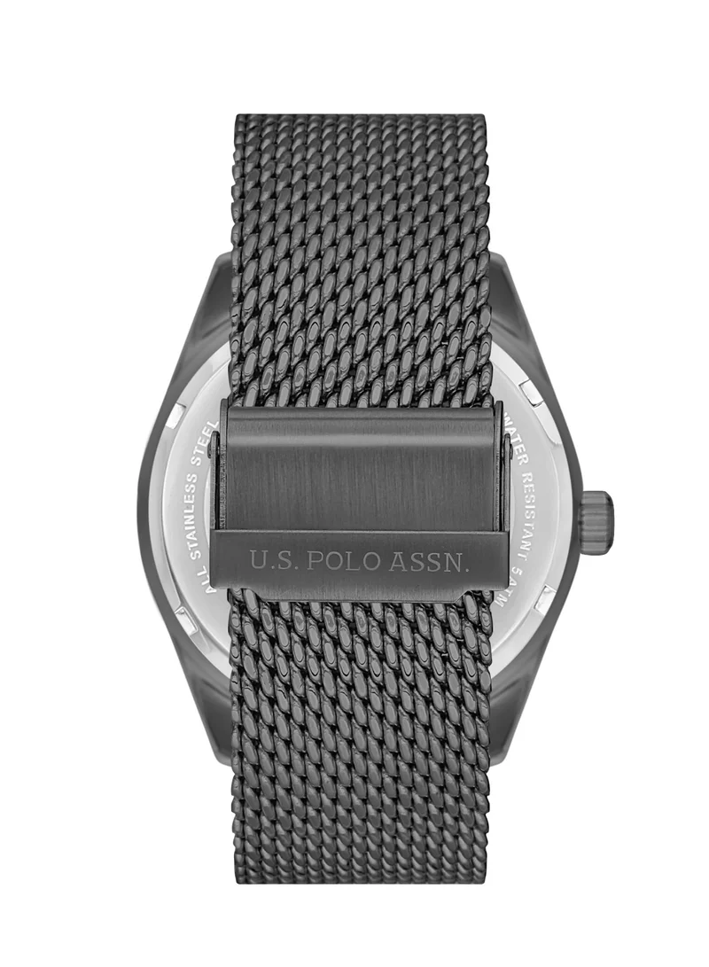 يو اس بولو اسن USPA Fundamental Grey Stainless Steel Mesh Bracelet Grey Dial Quartz Gents Watch 43mm 5 ATM - USPA1067-02