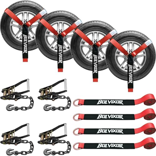 Bolvixor 4 Pack Car Tie Down Straps for Trailers - 2" x 96" - 9900LBS Break Strength - Tire Ratchet Straps with Heavy Duty Chain Anchors for Hauling UTV, SUV, Truck, Any Cars - Image 1