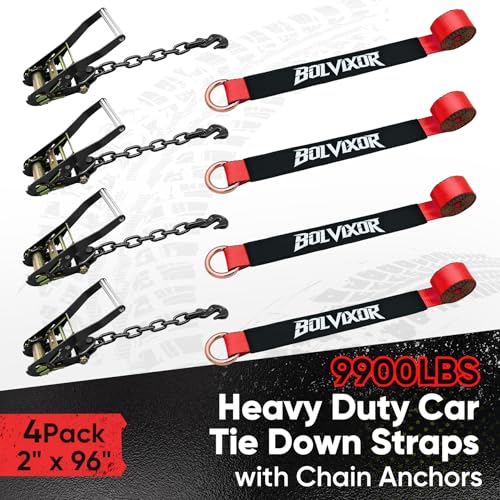 Bolvixor 4 Pack Car Tie Down Straps for Trailers - 2" x 96" - 9900LBS Break Strength - Tire Ratchet Straps with Heavy Duty Chain Anchors for Hauling UTV, SUV, Truck, Any Cars - Image 2