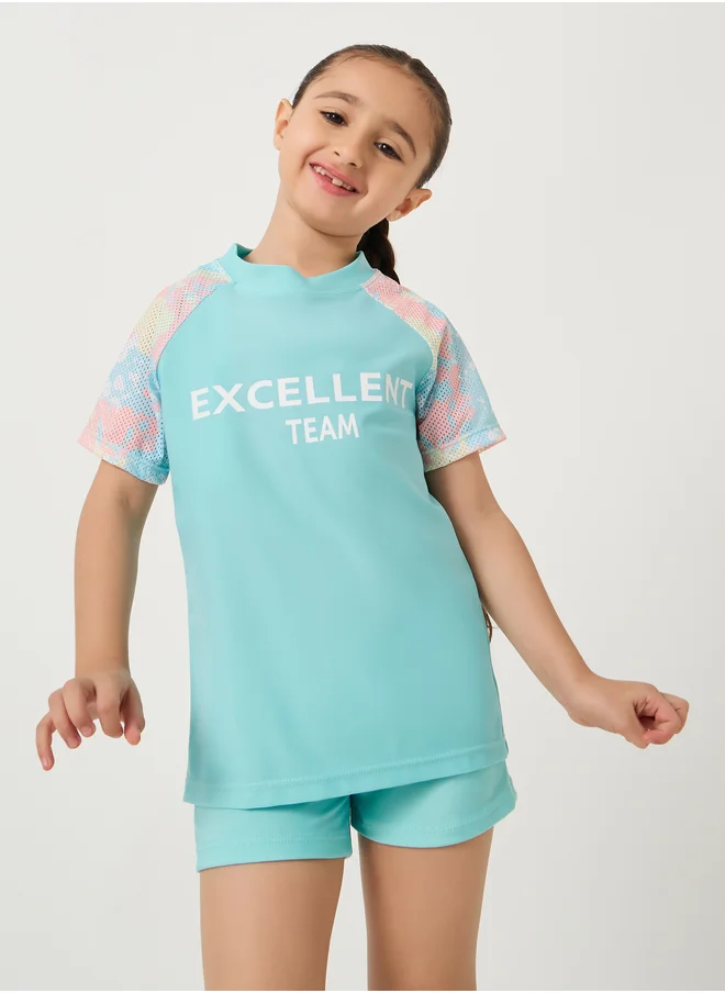ستايلي Typography Print Short Sleeve Swimsuit with Cap