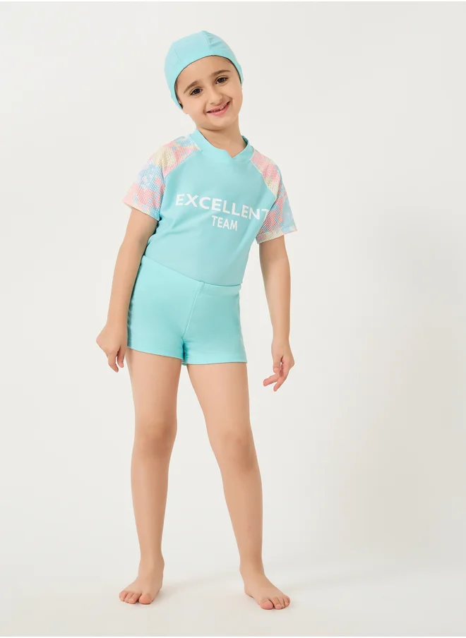 ستايلي Typography Print Short Sleeve Swimsuit with Cap