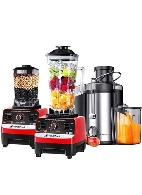 3 in 1 set of electric juicer, capacity 600 ml, power 800 watts, and multi-function blender with grinder capacity 2 liters.
