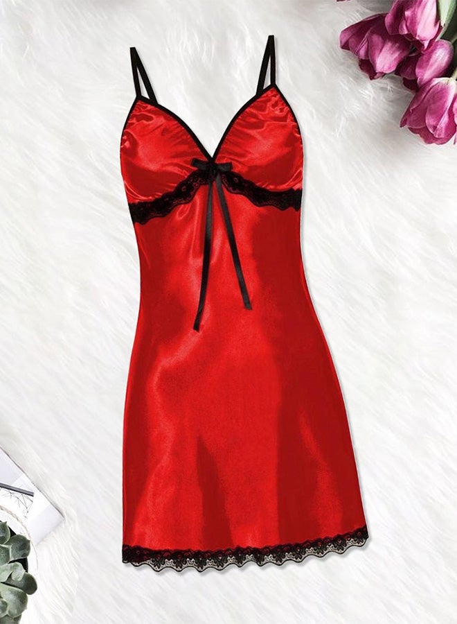 MARGOUN Women Small Size Silk Nightwear Slip Dress Pajamas Robe Sleepdress Nightdress Deep V Neck Solid Color Satin Silk Lace Comfortable Red /Size(cm) S Bust: 68-78 Waist: 64-76 - Image 1