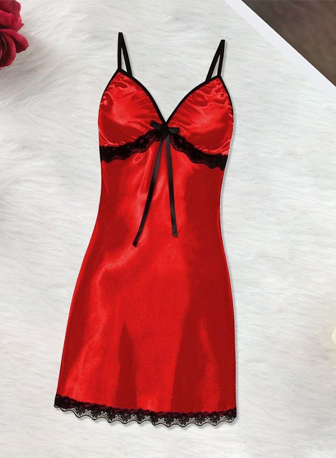 MARGOUN Women Small Size Silk Nightwear Slip Dress Pajamas Robe Sleepdress Nightdress Deep V Neck Solid Color Satin Silk Lace Comfortable Red /Size(cm) S Bust: 68-78 Waist: 64-76 - Image 3