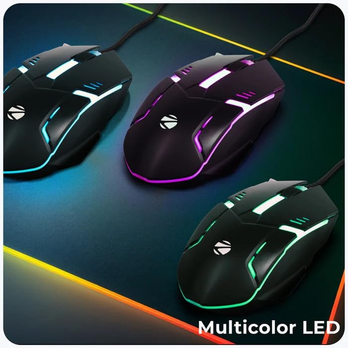 ZEBRONICS Zeb Scorpio Pro with a High-Performance Gold-Plated USB Mouse: 3 Buttons, Multi-Color LED Lights,High-Resolution Sensor with 1.3 metre Braided Cable, and DPI Switch(Black) - Image 2