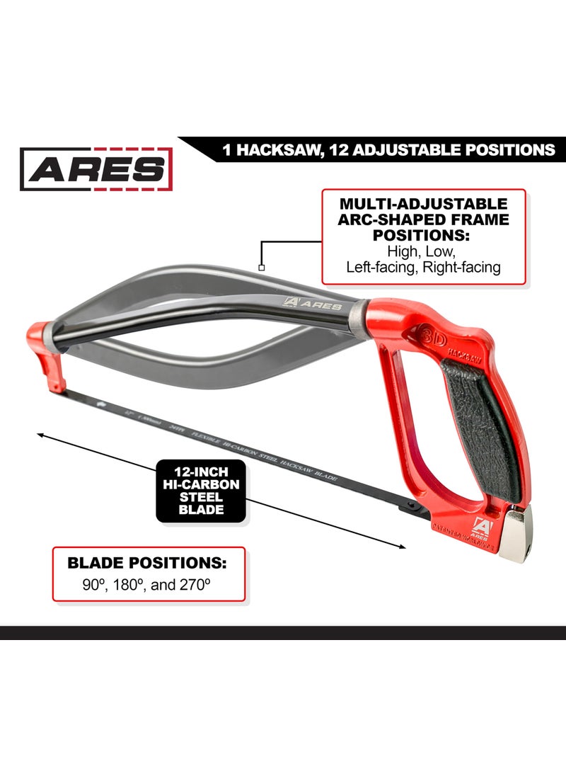 ARES ARES 70098-3D Professional Hacksaw - Multi-Adjustable Arc-Shaped Frame - Multi-Angle Blade Position - 12-Inch Hi-Carbon Steel Blade  - Image 3