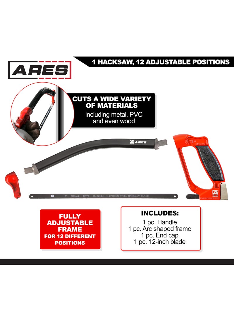 ARES ARES 70098-3D Professional Hacksaw - Multi-Adjustable Arc-Shaped Frame - Multi-Angle Blade Position - 12-Inch Hi-Carbon Steel Blade  - Image 2