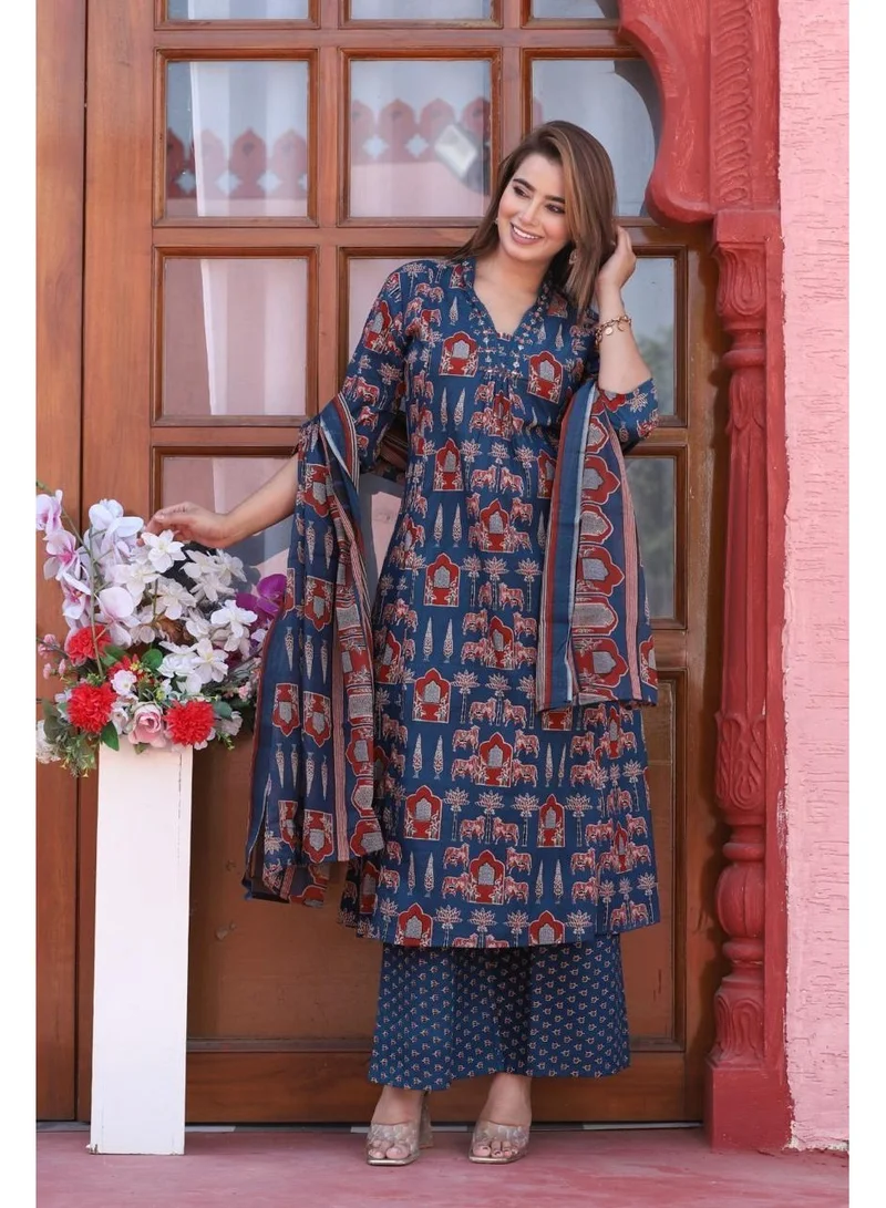 Studio blue Navy Handblock Printed Kurta Set with Dupatta