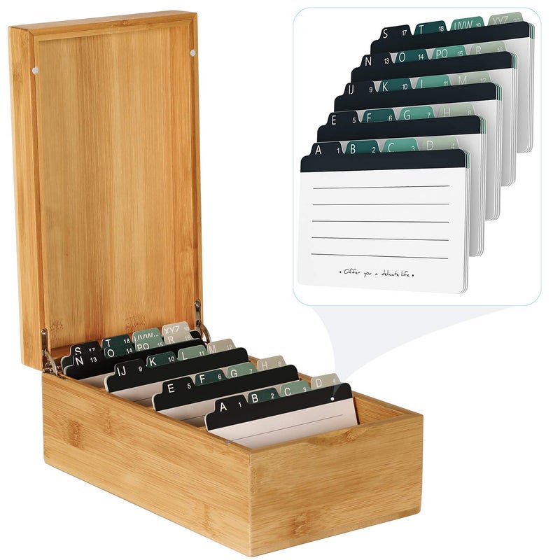 MaxGear Index Card Holder 3 x 5 Inch Business Card Organizer for Desk with 4 Dividers Bamboo Index Cards Box with AZ Tabs Holds 600 Cards for Recipe Flash Storage