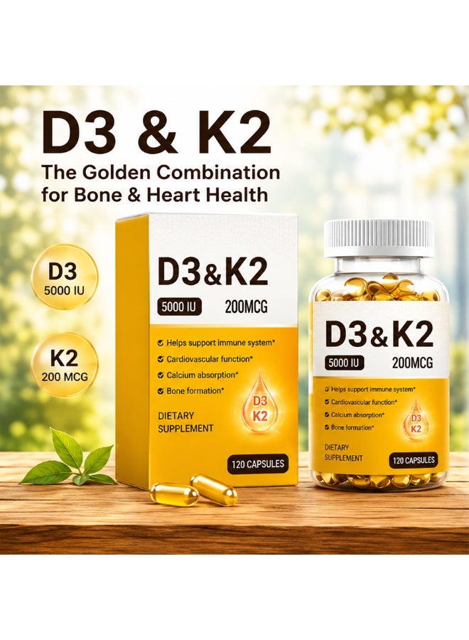 K2 120 Capsules Vitamin D3 K2 Capsules 5000IU High Strength For Bone & Immune Health - Image 1