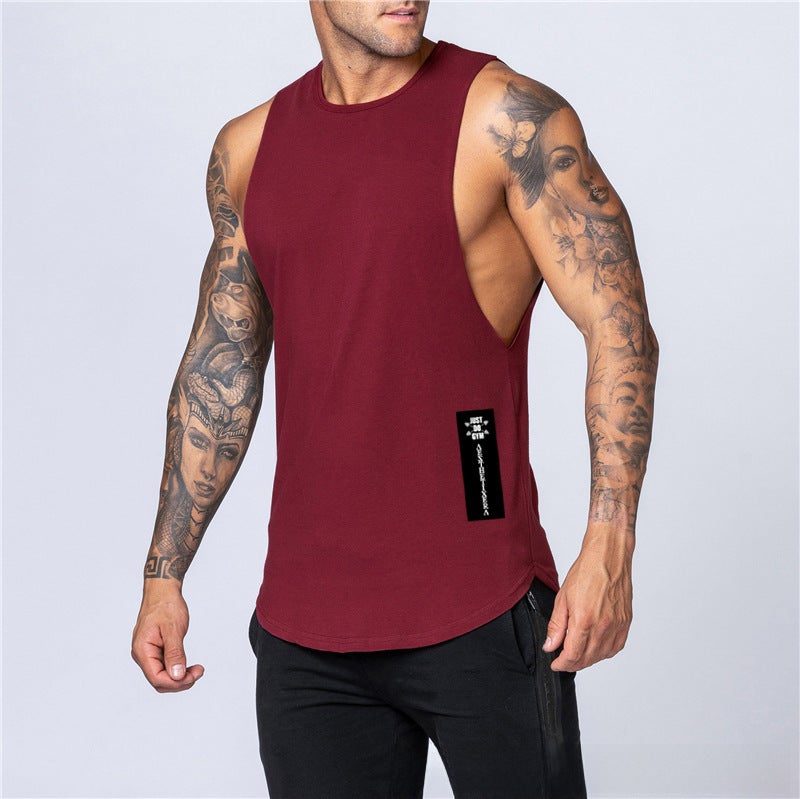 New Summer Loose Tank Top Men Cotton Sleeveless Printed Gym Vest Burgundy  - Image 1