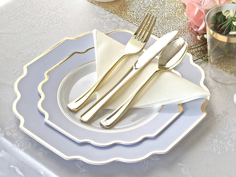 OCCASIONS FINEST PLASTIC TABLEWARE OCCASIONS FINEST 320 Piece Disposable Dinnerware Set for 40 Guests - Heavy Duty Plastic Plates, Gold Cutlery, Cups, Napkins - Elegant Party Plates - Imperial White, Blue & Gold Collection - Image 2