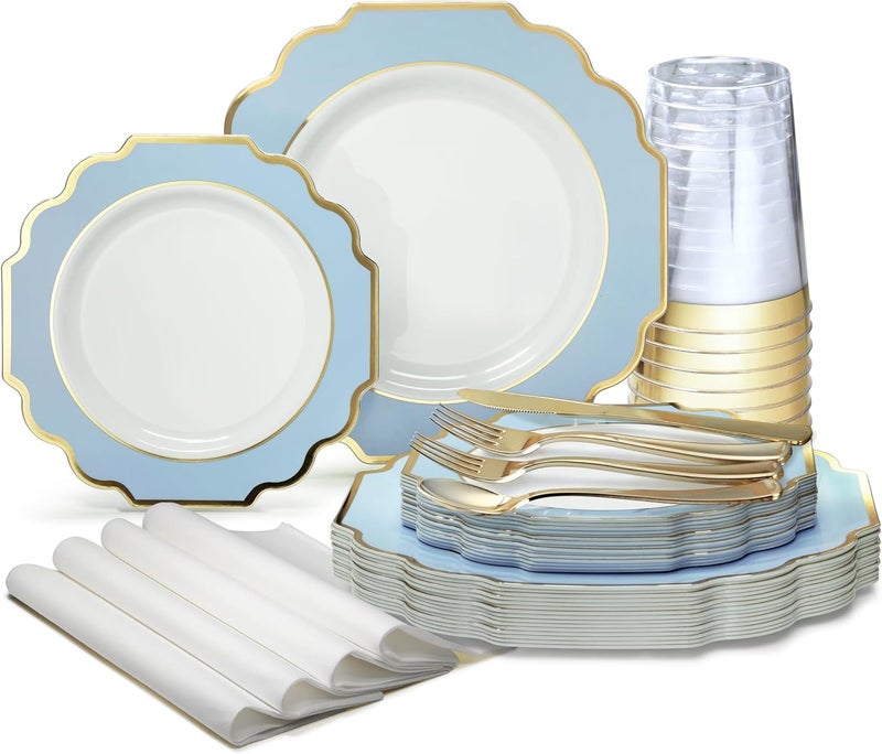 OCCASIONS FINEST PLASTIC TABLEWARE OCCASIONS FINEST 320 Piece Disposable Dinnerware Set for 40 Guests - Heavy Duty Plastic Plates, Gold Cutlery, Cups, Napkins - Elegant Party Plates - Imperial White, Blue & Gold Collection - Image 1