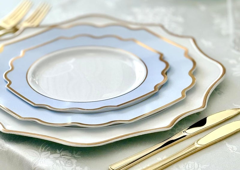 OCCASIONS FINEST PLASTIC TABLEWARE OCCASIONS FINEST 320 Piece Disposable Dinnerware Set for 40 Guests - Heavy Duty Plastic Plates, Gold Cutlery, Cups, Napkins - Elegant Party Plates - Imperial White, Blue & Gold Collection - Image 4