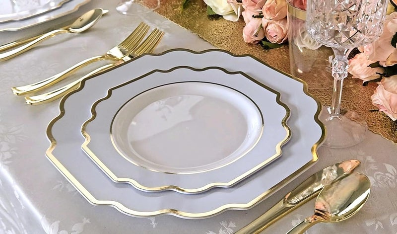 OCCASIONS FINEST PLASTIC TABLEWARE OCCASIONS FINEST 320 Piece Disposable Dinnerware Set for 40 Guests - Heavy Duty Plastic Plates, Gold Cutlery, Cups, Napkins - Elegant Party Plates - Imperial White, Blue & Gold Collection - Image 3