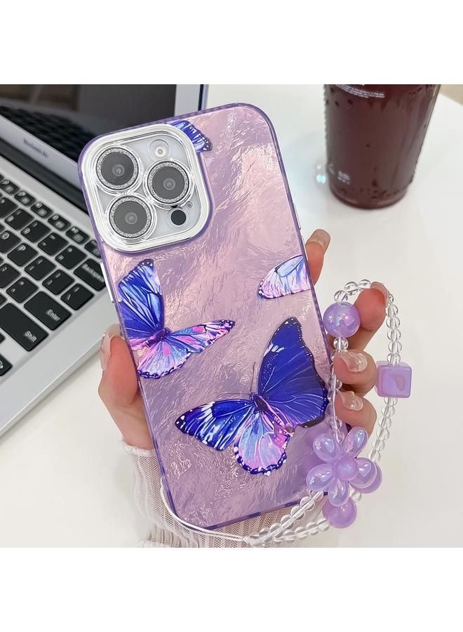 The Bros Case For iPhone 16 Pro Plating Texture Butterfly Wristband TPU Phone Case with Glitter Lens Film