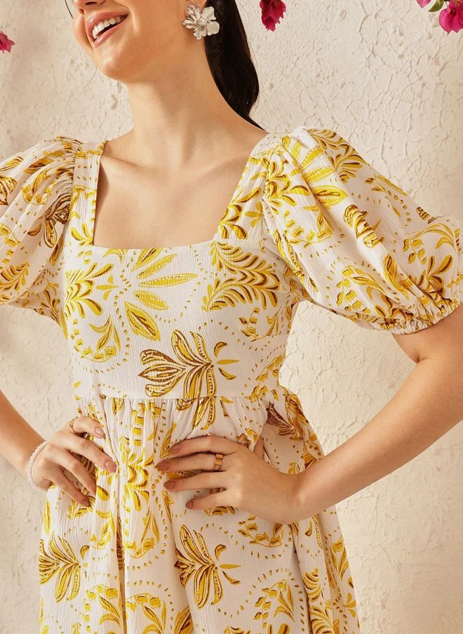 STREET 9 Floral Printed Puff Sleeves Crepe Fit & Flare Dress for Women