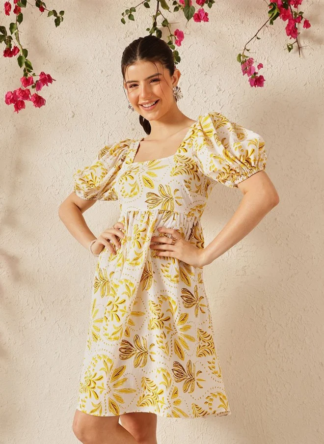 STREET 9 Floral Printed Puff Sleeves Crepe Fit & Flare Dress for Women