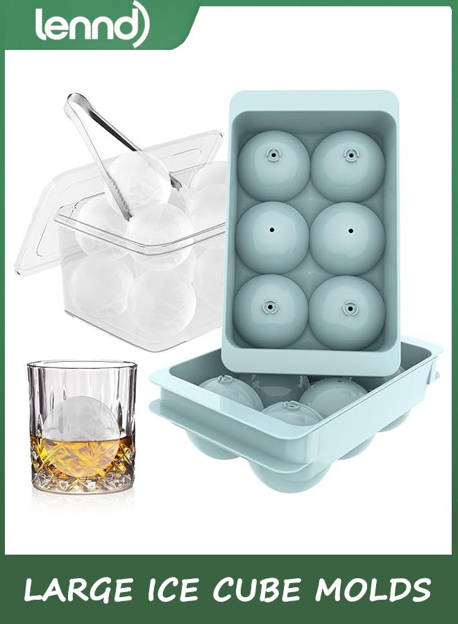 لينند قوالب مكعبات ثلج كبيرة، صواني مكعبات ثلج دائرية كبيرة للويسكي للمجمد، سهلة التعبئة والفك، كوكتيل ويسكي بوربون (5 سم × 6 كرات - أزرق / عبوتان) - Image 1