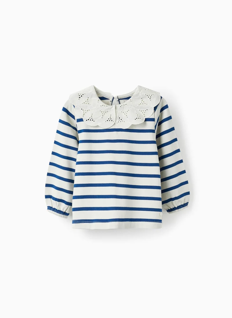 Zippy Sweater with English Embroidery Collar for Baby Girls, Light Beige/Blue