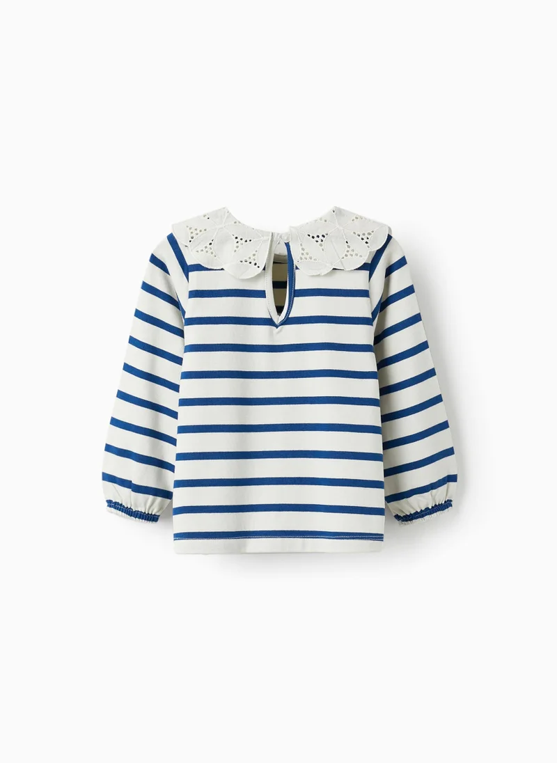 Zippy Sweater with English Embroidery Collar for Baby Girls, Light Beige/Blue