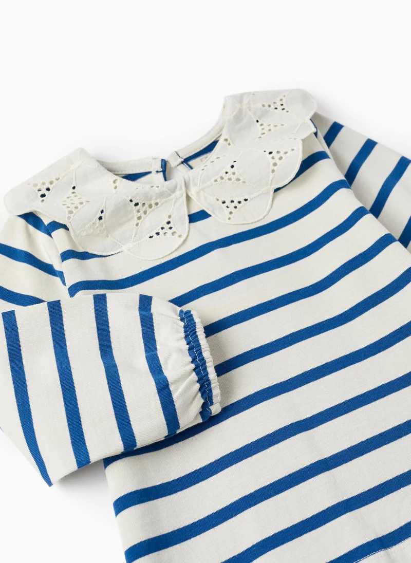Zippy Sweater with English Embroidery Collar for Baby Girls, Light Beige/Blue