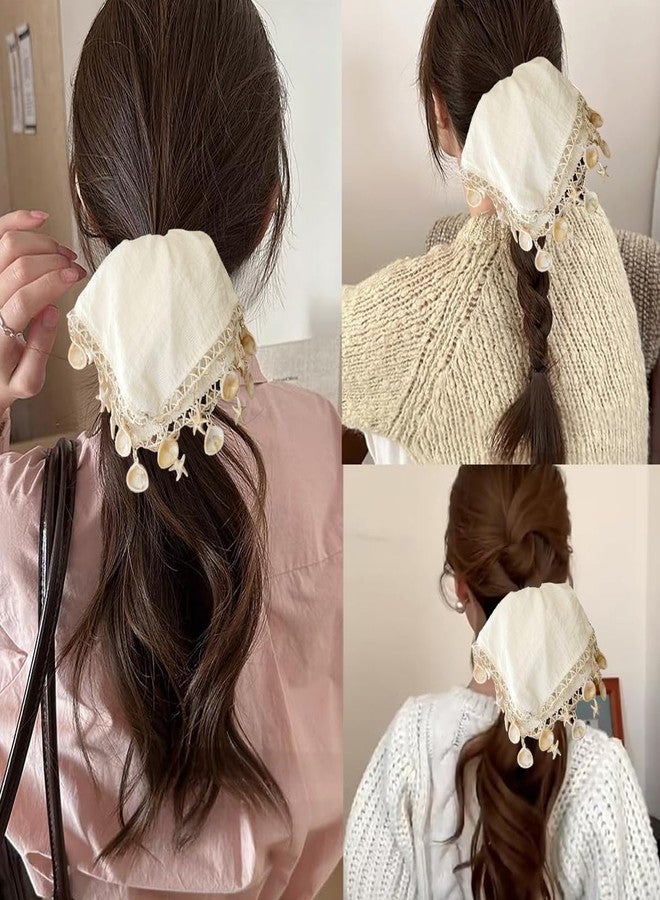MAYCREATE® Hair Ties for Women ABS Shell Starfish Fringe Headscarf Lace Trim Soft Crease Square Scrunchies Boho Summer Beach Rubber Band for Hair - Image 5