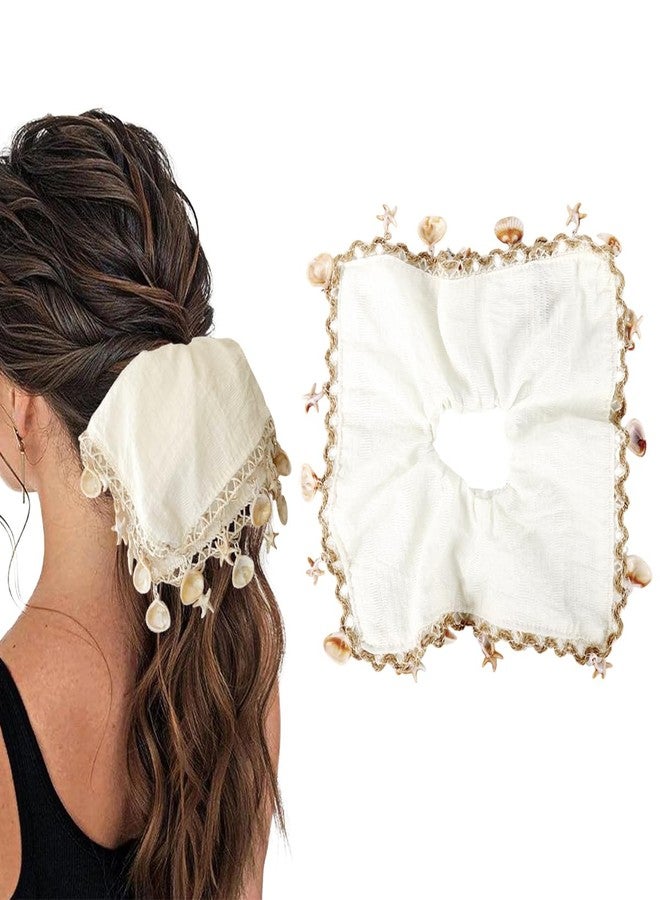 MAYCREATE® Hair Ties for Women ABS Shell Starfish Fringe Headscarf Lace Trim Soft Crease Square Scrunchies Boho Summer Beach Rubber Band for Hair - Image 1