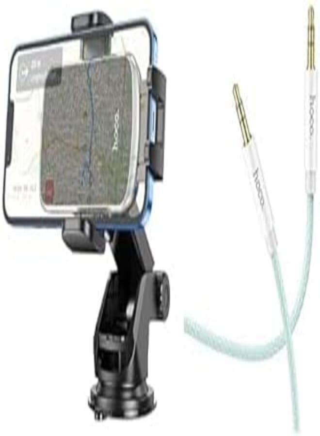 Hoco Car Essential Bundle (Hoco ca95 polaris push-type telescopic suction cup car holder - black + Hoco UPA19 - DC 3.5mm To 3.5mm AUX Audio Cable (Length = 1M), Green)