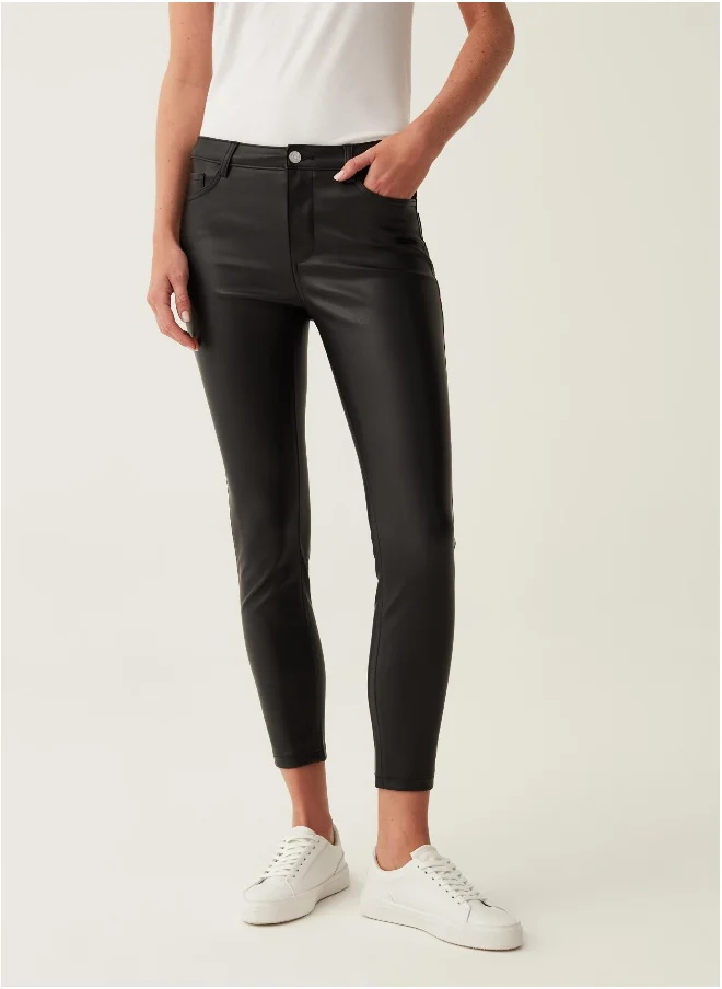 او في اس Cropped skinny-fit shiny-effect trousers