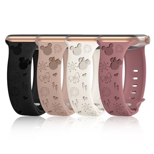 iWabcertoo 4 PACK Engraved Silicone Bands Compatible with Apple Watch Band 40mm 38mm 41mm 42mm 44mm 45mm 46mm 49mm Women Breathable Soft Cute Sport Replacement Strap for iWatch SE Series 11 10 9 8 7 6 5 4 3 2 1 (Black/Milk Tea/Starlight/Violet Smoke, 44/45/46/49/42mm(Series 3 2 1)) - Image 1