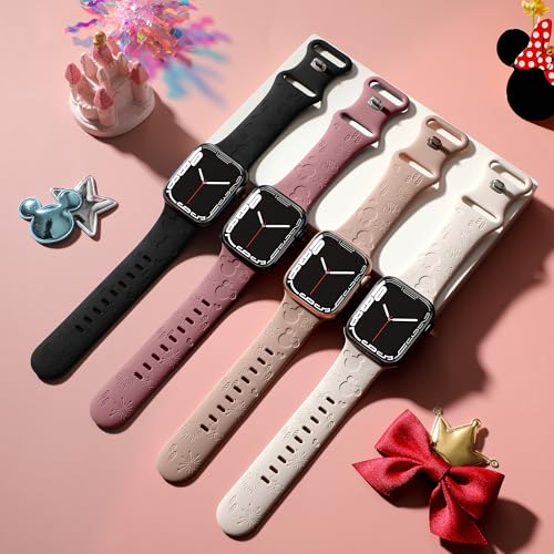 iWabcertoo 4 PACK Engraved Silicone Bands Compatible with Apple Watch Band 40mm 38mm 41mm 42mm 44mm 45mm 46mm 49mm Women Breathable Soft Cute Sport Replacement Strap for iWatch SE Series 11 10 9 8 7 6 5 4 3 2 1 (Black/Milk Tea/Starlight/Violet Smoke, 44/45/46/49/42mm(Series 3 2 1)) - Image 2