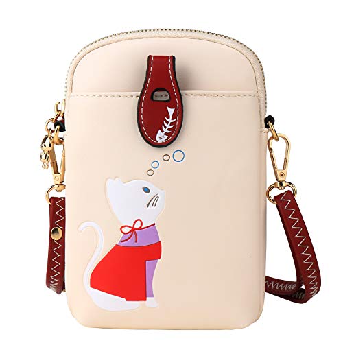 Sunshinejing Small Crossbody Phone Bag for Women Leather Cute Cat Cellphone Purse Shoulder Bags PU Wallet (Off White) - Image 1