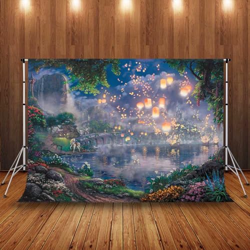 SSCSTS Fairy Tale Prince Beauty Backdrop Palace Castle Garden Lake Lantern Romantic Dating Girl Princess Birthday Party Photography Background Photo Studio Props (Polyester, 5x3ft) - Image 4
