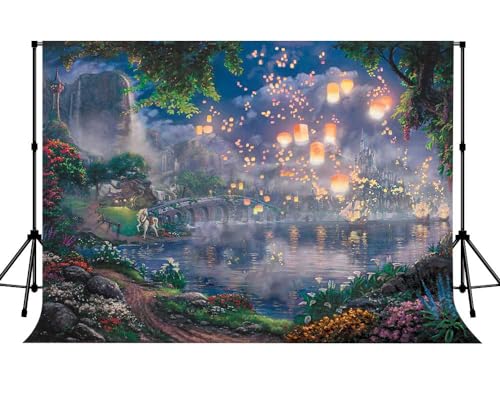SSCSTS Fairy Tale Prince Beauty Backdrop Palace Castle Garden Lake Lantern Romantic Dating Girl Princess Birthday Party Photography Background Photo Studio Props (Polyester, 5x3ft) - Image 2
