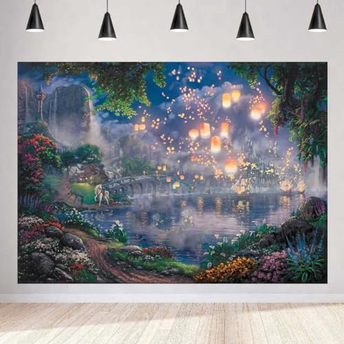 SSCSTS Fairy Tale Prince Beauty Backdrop Palace Castle Garden Lake Lantern Romantic Dating Girl Princess Birthday Party Photography Background Photo Studio Props (Polyester, 5x3ft) - Image 1