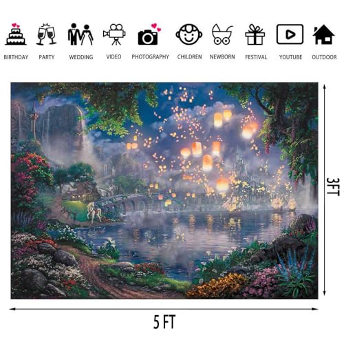 SSCSTS Fairy Tale Prince Beauty Backdrop Palace Castle Garden Lake Lantern Romantic Dating Girl Princess Birthday Party Photography Background Photo Studio Props (Polyester, 5x3ft) - Image 3