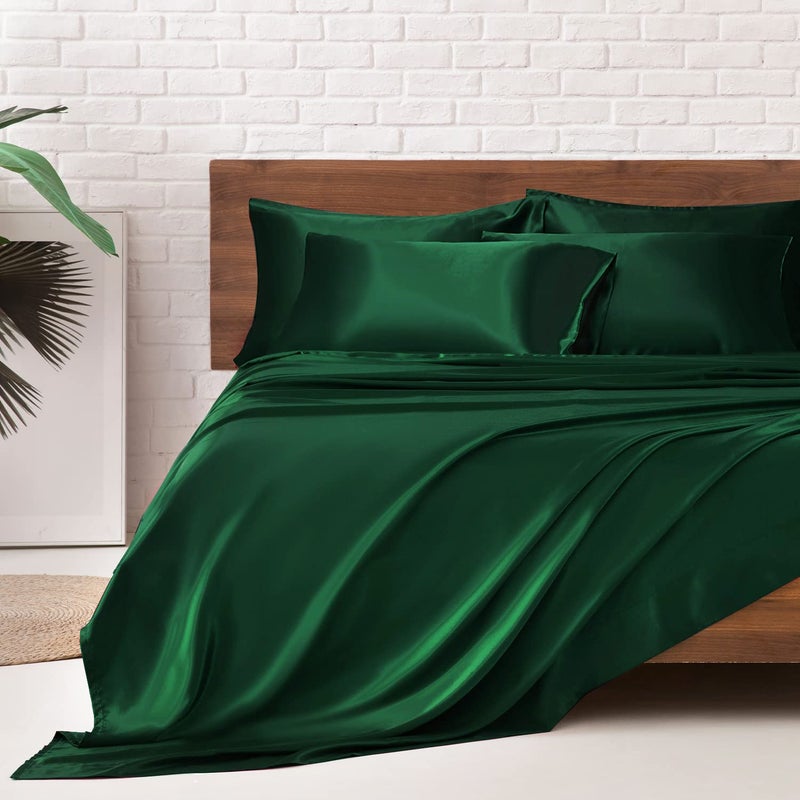 MRHM Satin Bed Sheets King Size Sheets Set 6 Pcs Silky Bedding Set with 15 Inches Deep Pocket for MattressKing Dark Green
