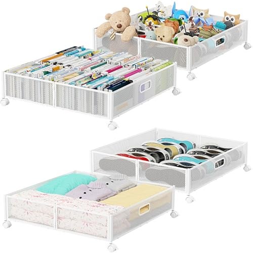 PHINOX Under Bed Storage, Under the Bed Storage Containers with Wheels, Under Bed Shoe Storage Organizer Drawer, Tool-free Assembly Metal Underbed Storage Containers for Bedroom Clothes Shoes Blankets -4PCK - Image 1
