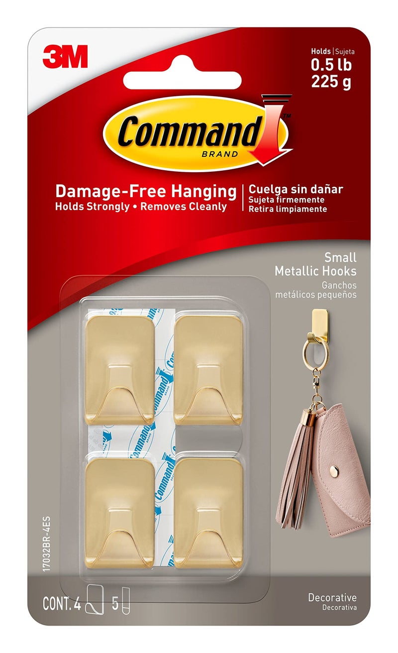Command Small Metallic Hooks Brass Color 4 Hooks and 5 Strips DamageFree Wall Hooks with Adhesive Strips Adhesive Hooks for Hanging Christmas Decorations Holds up to 05 lb
