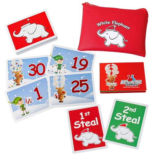 Apostrophe Games White Elephant Card Set, 50 Christmas Themed Cards and Carrying Pouch, White Elephant Exchange Card Set - Stocking Stuffers - Image 2