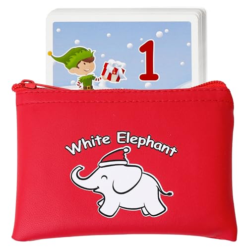 Apostrophe Games White Elephant Card Set, 50 Christmas Themed Cards and Carrying Pouch, White Elephant Exchange Card Set - Stocking Stuffers - Image 1