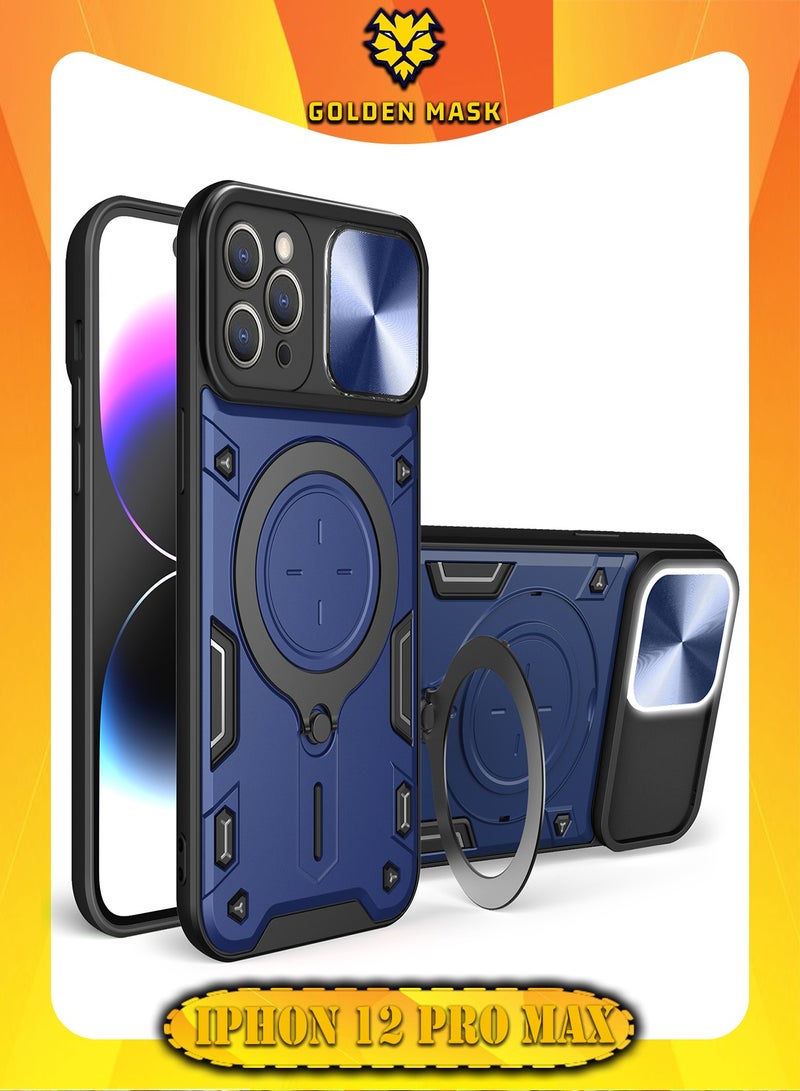 جولدن ماسك لهاتف ايفون 12 برو ماكس (iPhone 12 Pro Max) جراب حماية مع باب جرار لحماية عدسة  الكاميرا المدرعة مدمج بزاوية 360 درجة - (ازرق)