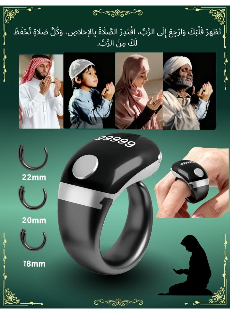 لقة تسبيح ذكِر ذكية، مقاسات قابلة للتعديل 3 أحجام (18/20/22 ملم)، عداد تسبيح ذكي، حلقة تسبيح، حلقة صلاة بعرض الوقت والتاريخ | حلقة تسبيح للمسلمين، يدعم التطبيق الذكي، عداد رقمي، شاشة OLED مقاومة للماء، عداد تسبيح للمسلمين (رمادي) - Image 1